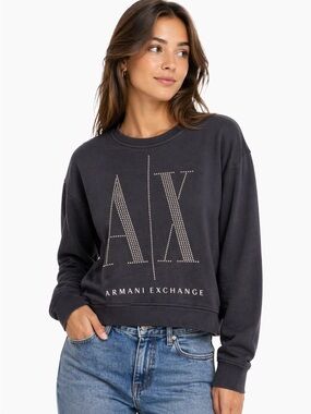 Armani Exchange Black Crewneck Sweater with Studded A|X Logo